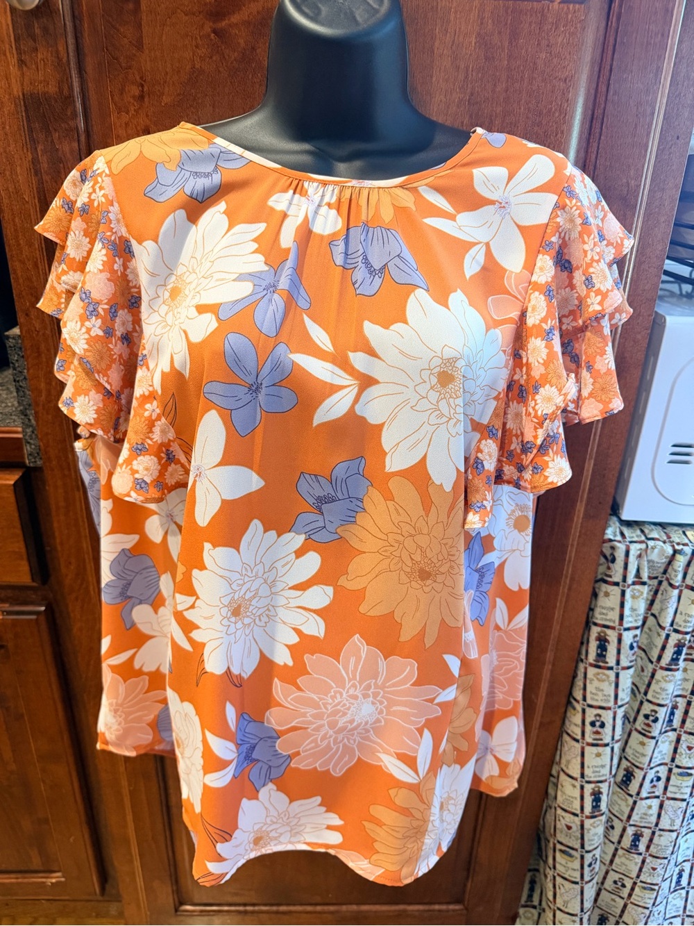 DR2 Orange Floral Ruffle Sleeve Blouse